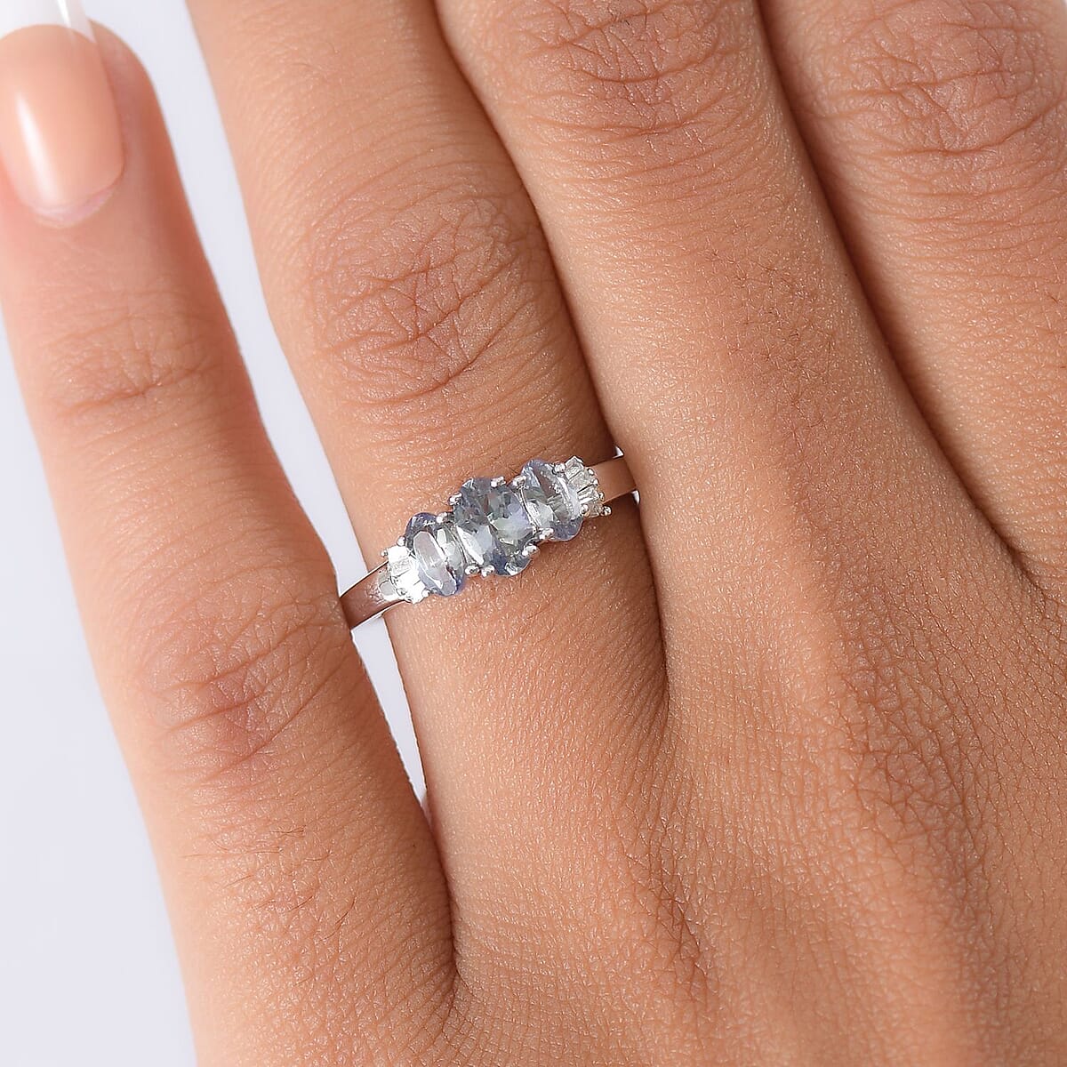 D'Joy Peacock Tanzanite and Diamond 1.10 ctw Ballerina Ring in Rhodium Over Sterling Silver (Size 10.0) image number 2