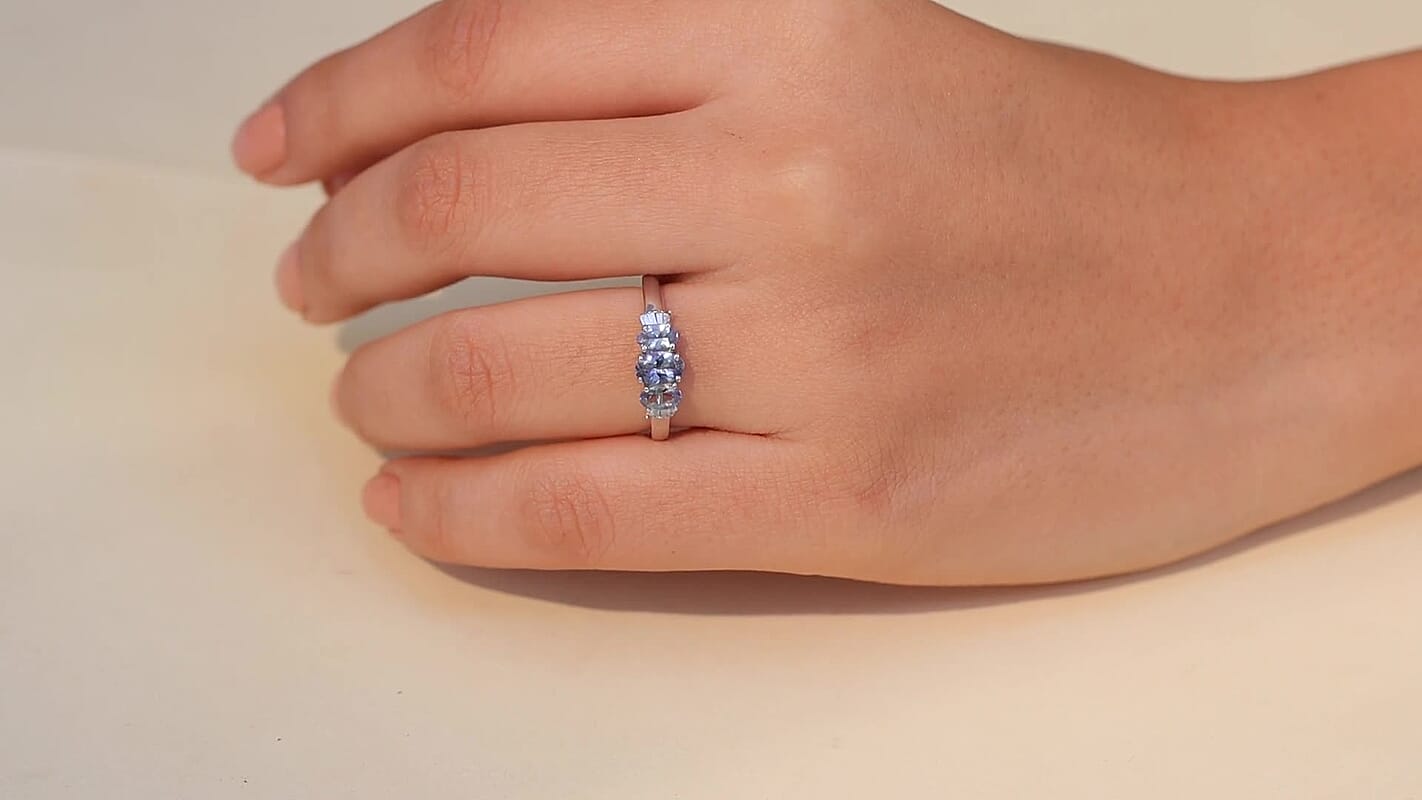 D'Joy Peacock Tanzanite, Diamond 3 Stone Ring in Rhodium Over Sterling Silver (Size 10.0) 1.10 ctw