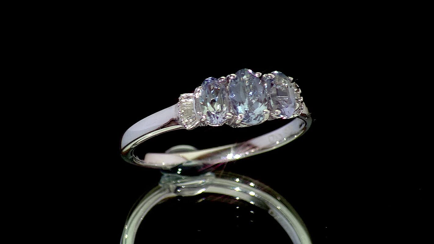 D'Joy Peacock Tanzanite, Diamond 3 Stone Ring in Rhodium Over Sterling Silver (Size 10.0) 1.10 ctw