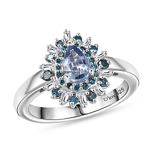 D'Joy Peacock Tanzanite, Blue and White Diamond 0.75 ctw Sunburst Halo Ring in Rhodium Over Sterling Silver (Size 10.0)