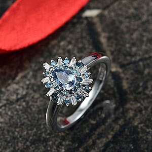 D'Joy Peacock Tanzanite, Blue and White Diamond 0.75 ctw Sunburst Halo Ring in Rhodium Over Sterling Silver (Size 10.0)