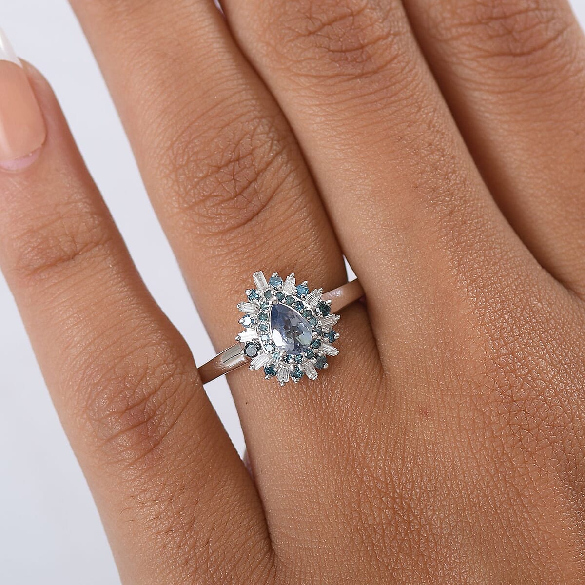 D'Joy Peacock Tanzanite, Blue and White Diamond 0.75 ctw Sunburst Halo Ring in Rhodium Over Sterling Silver (Size 10.0) image number 2