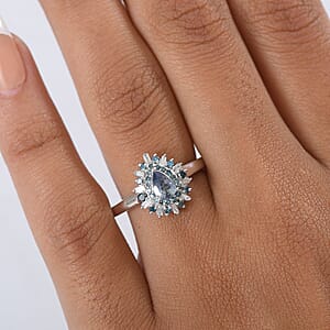 D'Joy Peacock Tanzanite, Blue and White Diamond 0.75 ctw Sunburst Halo Ring in Rhodium Over Sterling Silver (Size 10.0)