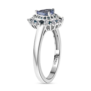 D'Joy Peacock Tanzanite, Blue and White Diamond 0.75 ctw Sunburst Halo Ring in Rhodium Over Sterling Silver (Size 10.0)