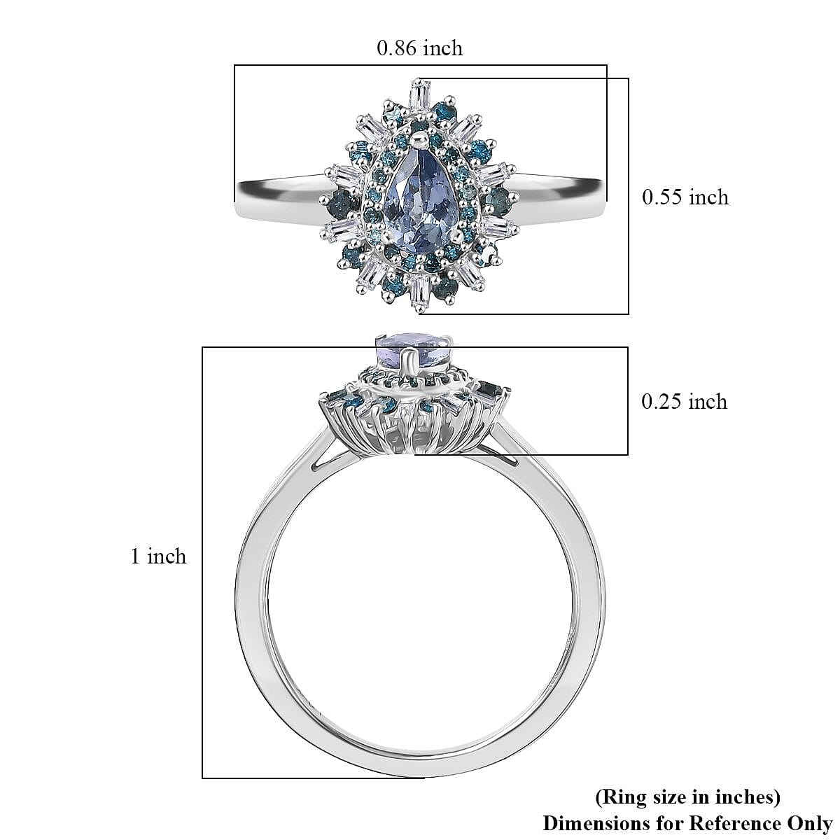 D'Joy Peacock Tanzanite, Blue and White Diamond 0.75 ctw Sunburst Halo Ring in Rhodium Over Sterling Silver (Size 10.0) image number 5