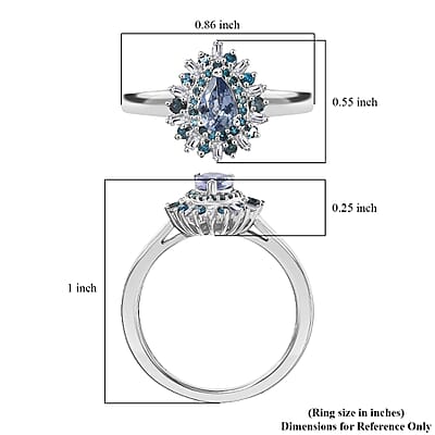 D'Joy Peacock Tanzanite, Blue and White Diamond 0.75 ctw Sunburst Halo Ring in Rhodium Over Sterling Silver (Size 10.0)