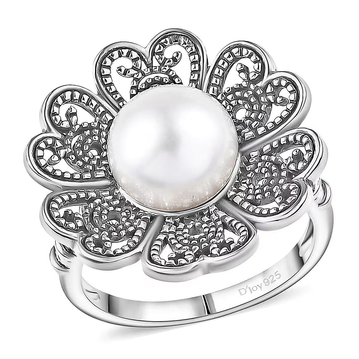 D'Joy Indian Artisan Crafted Freshwater Pearl Flower Petals Ring in Black Oxidised Sterling Silver (Size 11.0) image number 0