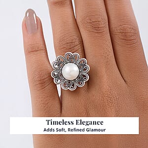 D'Joy Indian Artisan Crafted Freshwater Pearl Flower Petals Ring in Black Oxidised Sterling Silver (Size 11.0)