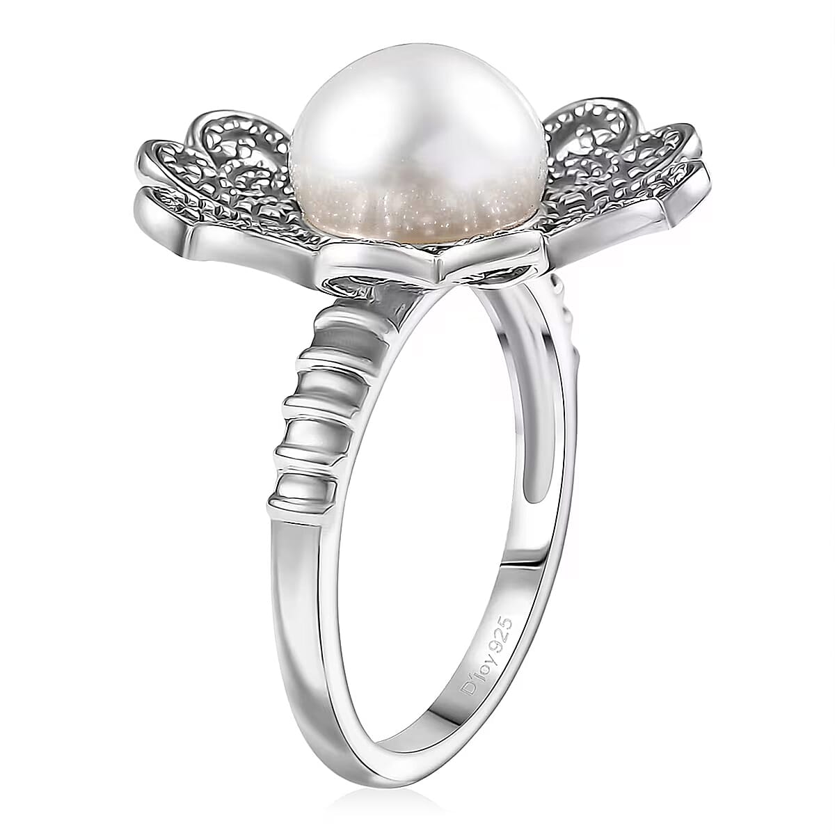 D'Joy Indian Artisan Crafted Freshwater Pearl Flower Petals Ring in Black Oxidised Sterling Silver (Size 11.0) image number 6