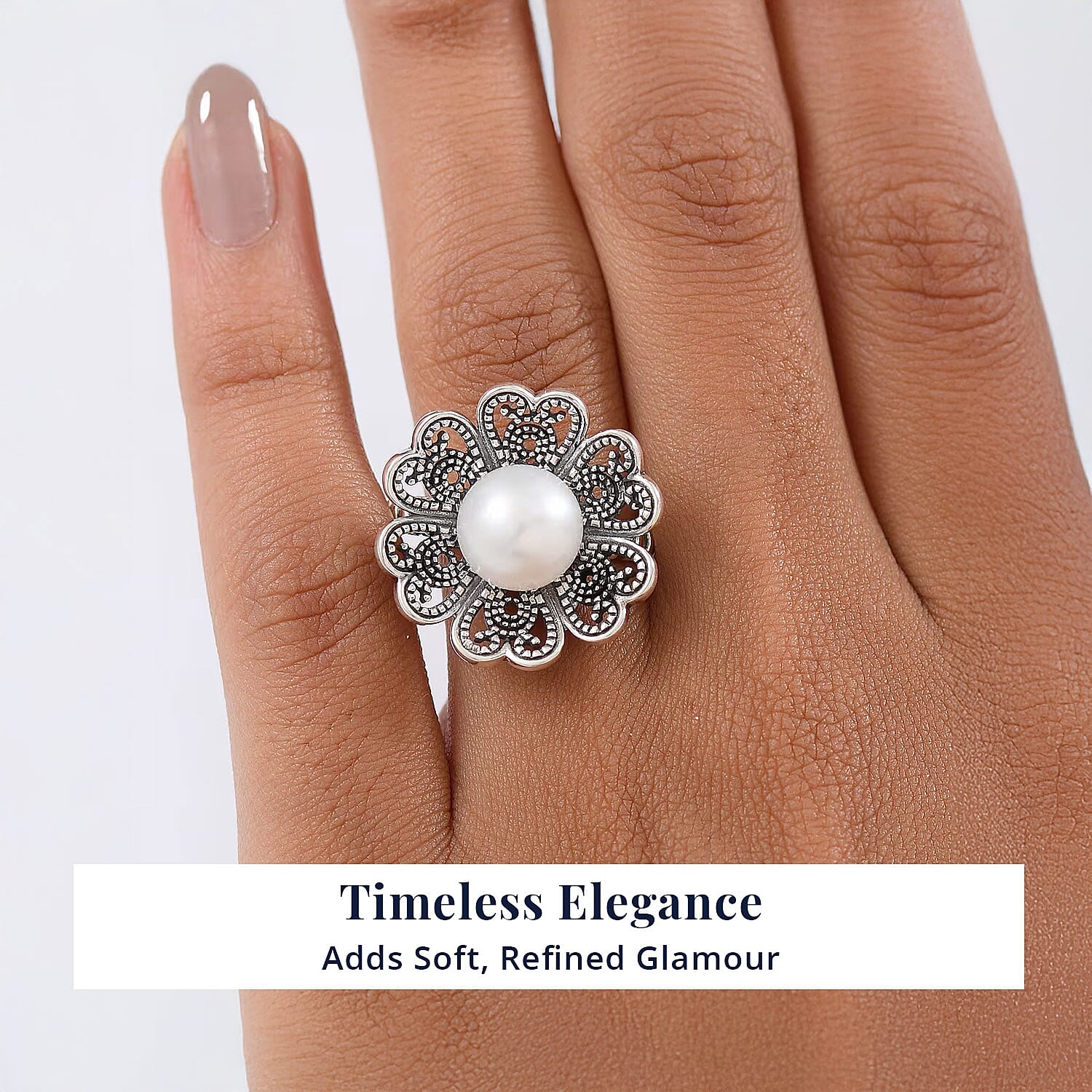 D'Joy Indian Artisan Crafted Freshwater Pearl Flower Petals Ring in Black Oxidised Sterling Silver (Size 5.0)