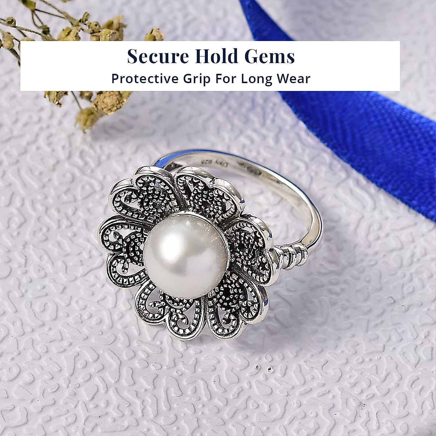 D'Joy Indian Artisan Crafted Freshwater Pearl Flower Petals Ring in Black Oxidised Sterling Silver (Size 6.0)
