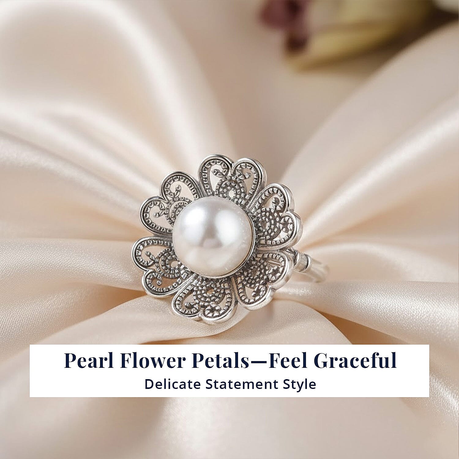 D'Joy Indian Artisan Crafted Freshwater Pearl Flower Petals Ring in Black Oxidised Sterling Silver (Size 6.0)