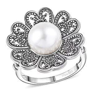 D'Joy Indian Artisan Crafted Freshwater Pearl Flower Petals Ring in Black Oxidised Sterling Silver (Size 7.0)