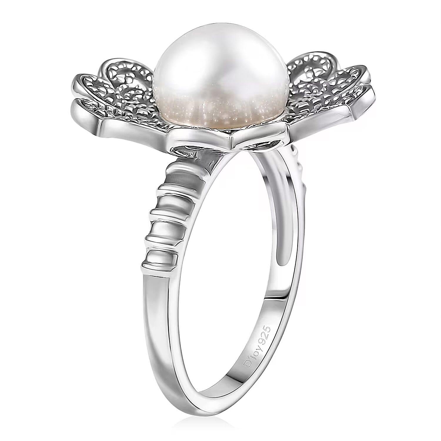 D'Joy Indian Artisan Crafted Freshwater Pearl Flower Petals Ring in Black Oxidised Sterling Silver (Size 7.0)