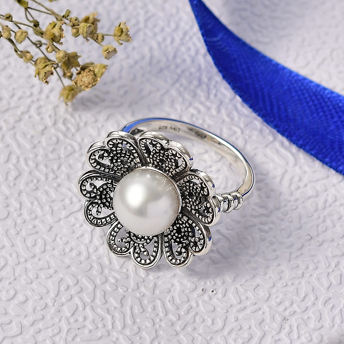 Doorbuster D'Joy Indian Artisan Crafted Premium Freshwater Pearl Ring in Black Oxidised Sterling Silver (Size 8.0) image number 1