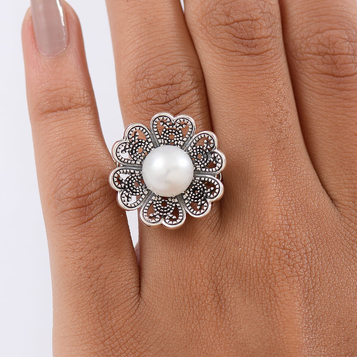 Doorbuster D'Joy Indian Artisan Crafted Premium Freshwater Pearl Ring in Black Oxidised Sterling Silver (Size 8.0) image number 2