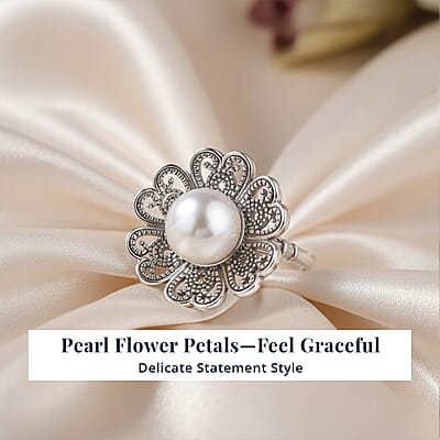D'Joy Indian Artisan Crafted Freshwater Pearl Flower Petals Ring in Black Oxidised Sterling Silver (Size 9.0)