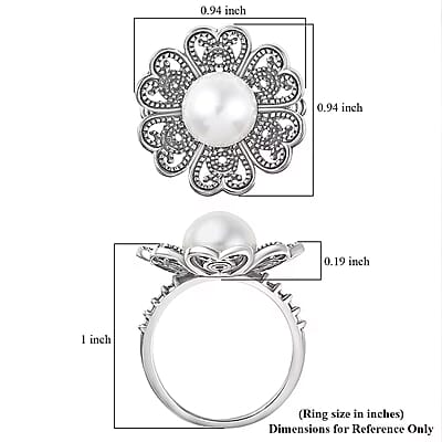D'Joy Indian Artisan Crafted Freshwater Pearl Flower Petals Ring in Black Oxidised Sterling Silver (Size 9.0)