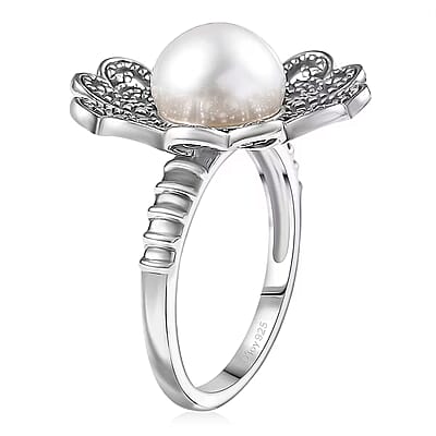 D'Joy Indian Artisan Crafted Freshwater Pearl Flower Petals Ring in Black Oxidised Sterling Silver (Size 9.0)