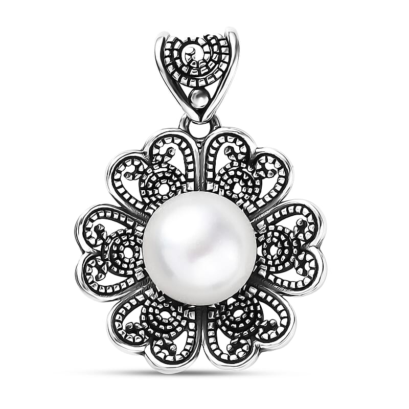 D'Joy Indian Artisan Crafted Freshwater Pearl Flower Petals Pendant without Chain in Sterling Silver