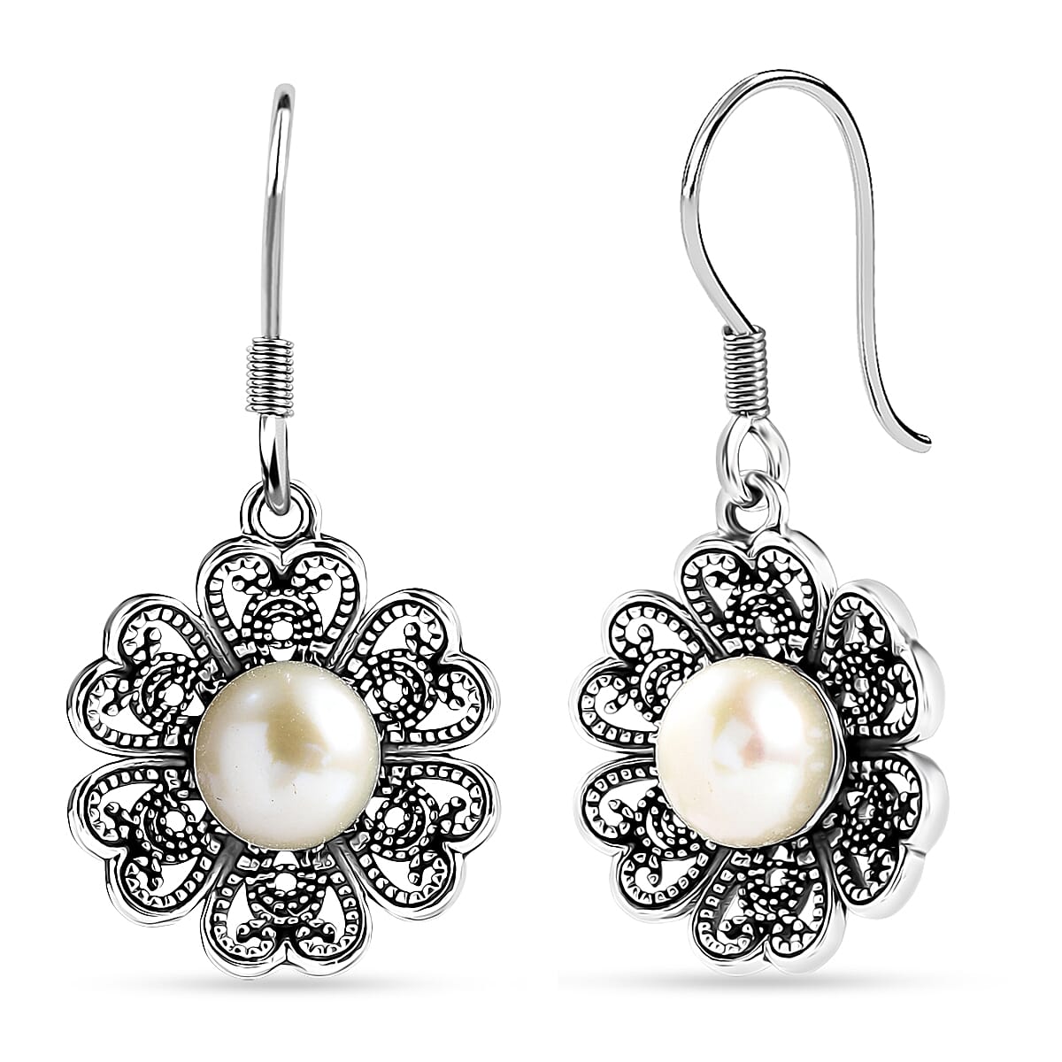 Doorbuster D'Joy Indian Artisan Crafted Premium Freshwater Pearl Earrings in Black Oxidised Sterling Silver image number 0