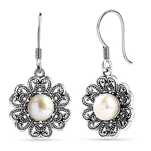 Doorbuster D'Joy Indian Artisan Crafted Premium Freshwater Pearl Earrings in Black Oxidised Sterling Silver