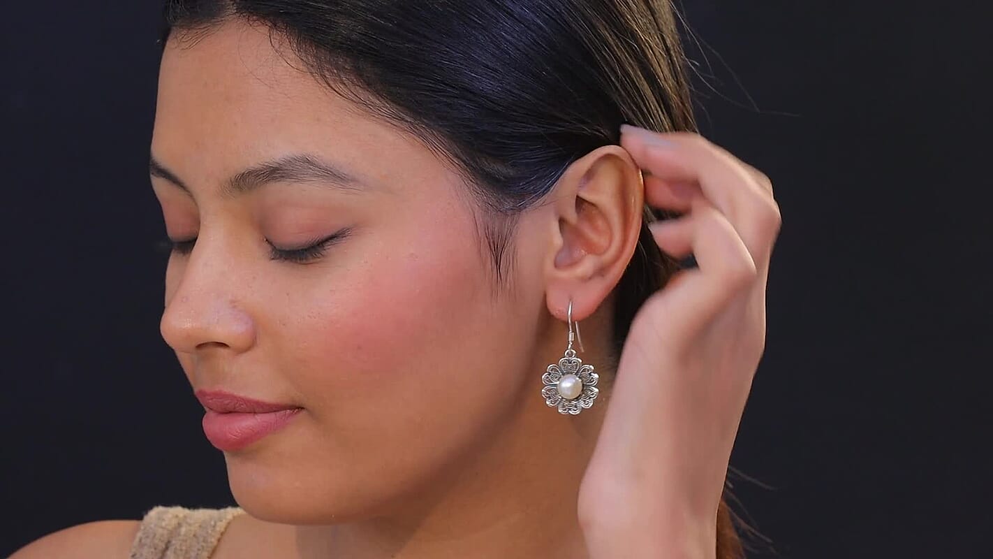D'Joy Indian Artisan Crafted Freshwater Pearl Earrings in Oxidised Sterling Silver