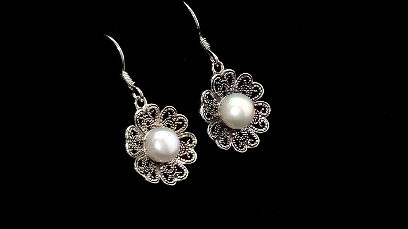 D'Joy Indian Artisan Crafted Freshwater Pearl Earrings in Oxidised Sterling Silver