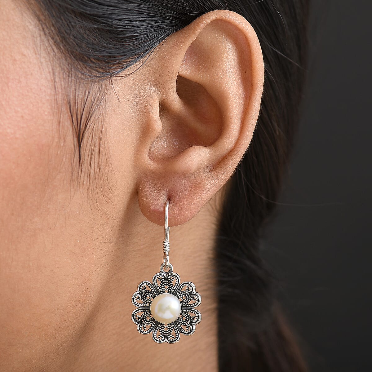 Doorbuster D'Joy Indian Artisan Crafted Premium Freshwater Pearl Earrings in Black Oxidised Sterling Silver image number 2