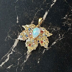 Ethiopian Welo Opal and Multi Sapphire Living Creature 3.27 ctw Pendant in Vermeil YG Over Sterling Silver