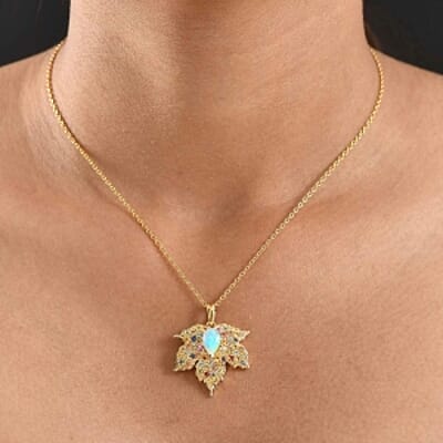 Ethiopian Welo Opal and Multi Sapphire Living Creature 3.27 ctw Pendant in Vermeil YG Over Sterling Silver