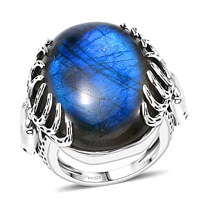Doorbuster D'Joy Indian Artisan Crafted AAA Malagasy Labradorite 34.30 ctw Ring in Black Oxidised Sterling Silver (Size 7.0)