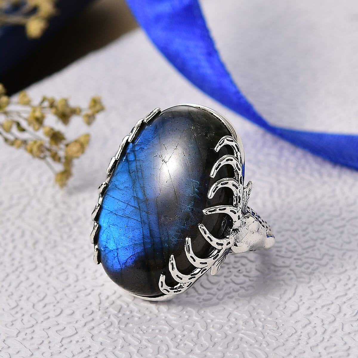 Doorbuster D'Joy Indian Artisan Crafted AAA Malagasy Labradorite 34.30 ctw Ring in Black Oxidised Sterling Silver (Size 7.0) image number 1