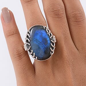 D'Joy Indian Artisan Crafted AAA Malagasy Labradorite Deer Horns Ring in Black Oxidised Sterling Silver 34.30 ctw (Size 7.0)