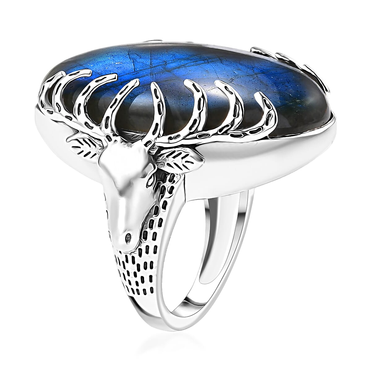 Doorbuster D'Joy Indian Artisan Crafted AAA Malagasy Labradorite 34.30 ctw Ring in Black Oxidised Sterling Silver (Size 7.0) image number 3