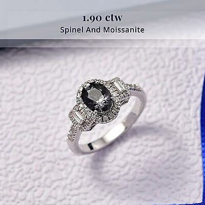 D'Joy Platinum Spinel and Moissanite 1.90 ctw Shadow Empress Ring in Rhodium Over Sterling Silver (Size 7.0)