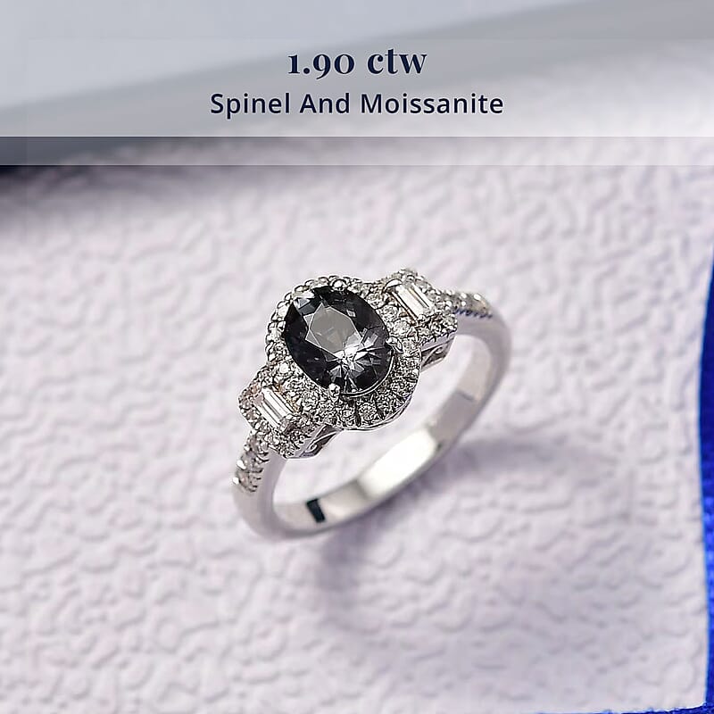 D'Joy Platinum Spinel, Moissanite Shadow Empress Ring in Rhodium Over Sterling Silver 1.90 ctw (Size 8.0)