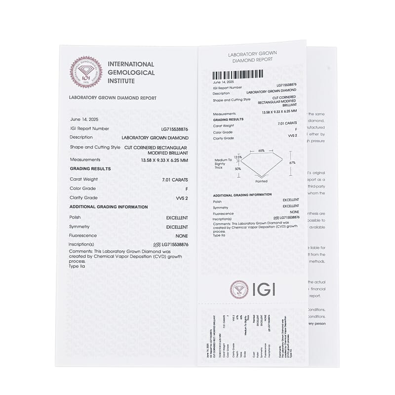 IGI Certified 7.00 ctw Radiant Cut Lab Grown Diamond Loose Gemstone – G VS2