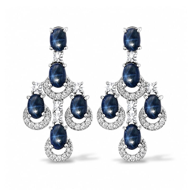 D'Joy Premium Blue Star Sapphire (DF) and White Zircon 8.75 ctw Celestial Star Earrings in Rhodium Over Sterling Silver