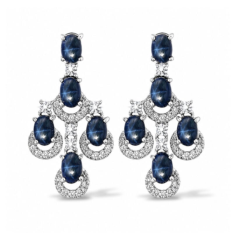 D'Joy Premium Blue Star Sapphire (DF) and White Zircon 8.75 ctw Earrings in Rhodium Over Sterling Silver