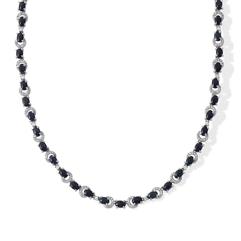 D'Joy Premium Blue Star Sapphire (DF) and White Zircon 29.00 ctw Necklace (18 Inches) in Rhodium Over Sterling Silver