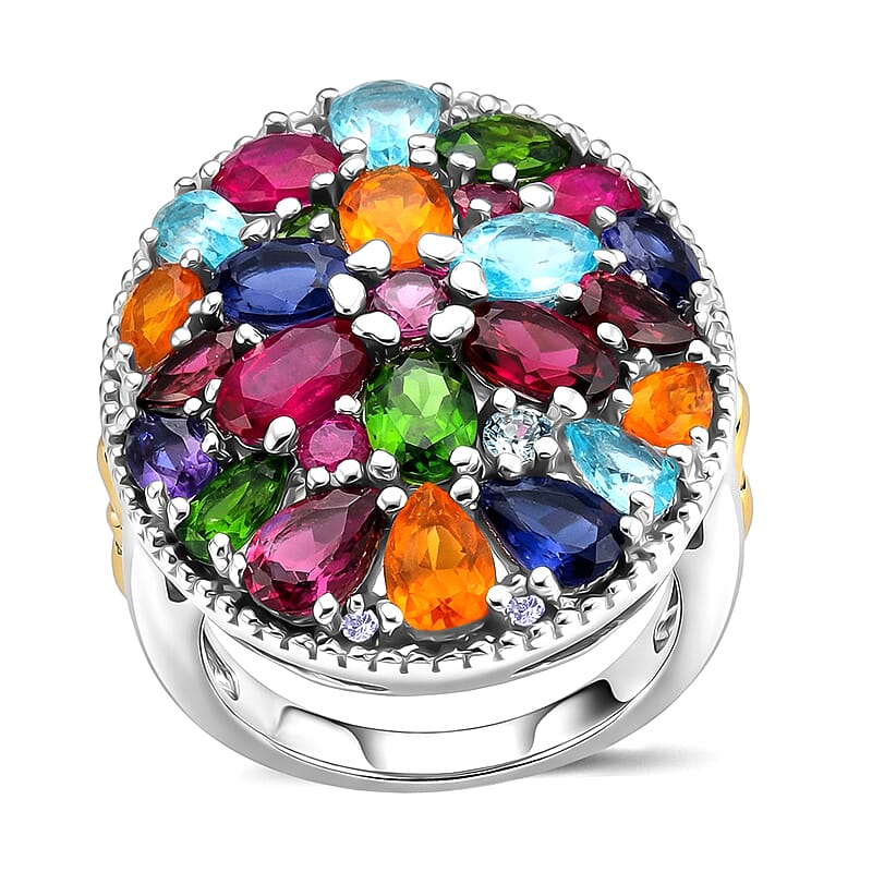 D'Joy Multi Gemstone 8.10 ctw Ring in 18K Vermeil YG and Rhodium Over Sterling Silver (Size 10.0)