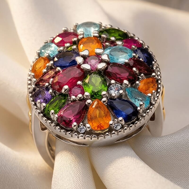 D'Joy Multi Gemstone 8.10 ctw Ring in 18K Vermeil YG and Rhodium Over Sterling Silver (Size 10.0)