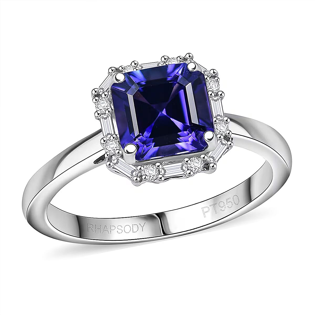 Certified & Appraised Rhapsody AAAA Tanzanite, Diamond Asscher Cut Ring in 950 Platinum 2.00 ctw (Size 5.0) image number 0
