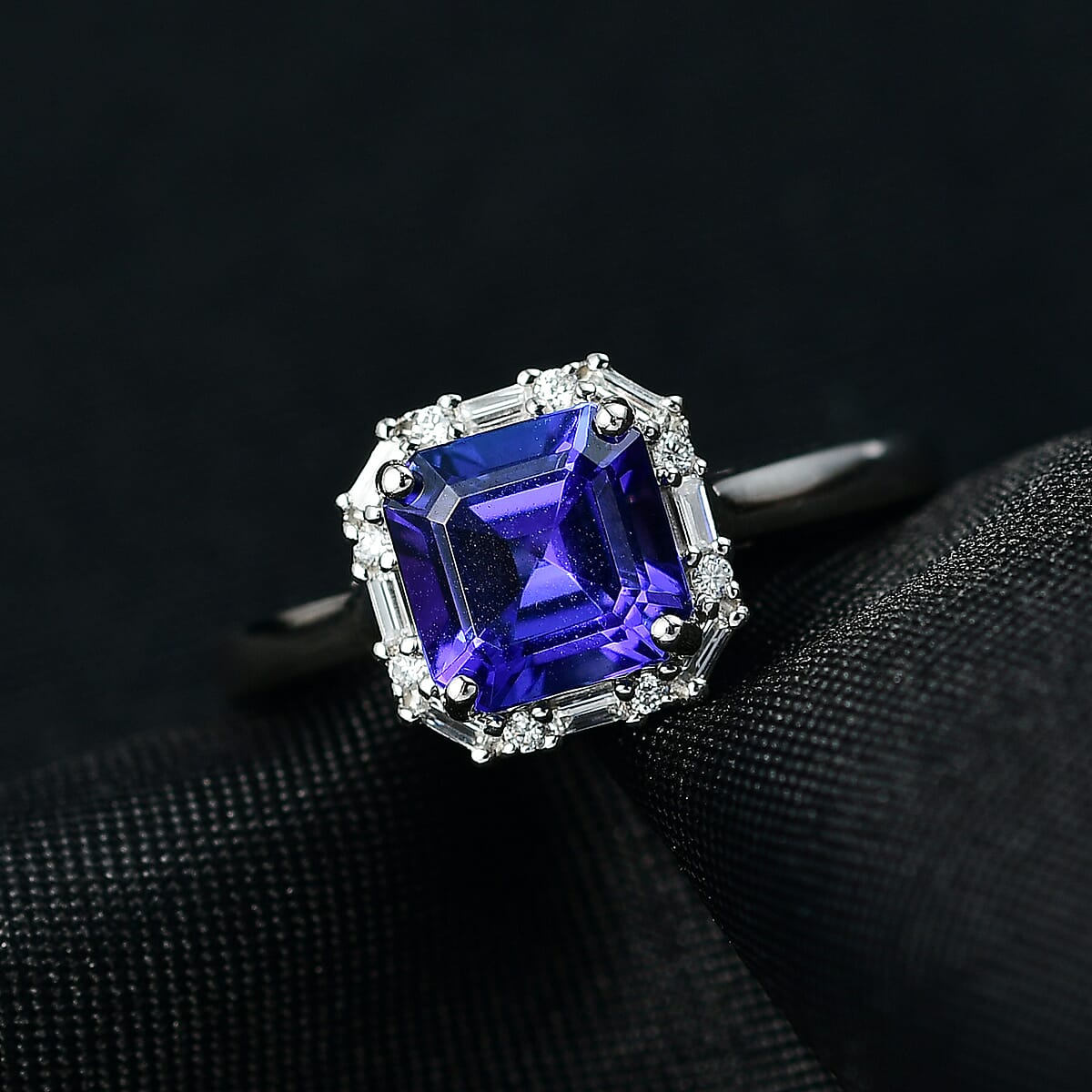 Doorbuster Certified & Appraised Rhapsody Asscher Cut AAAA Tanzanite and E-F VS Diamond 2.00 ctw Ring in 950 Platinum (Size 6.0) 5.70 Grams image number 1