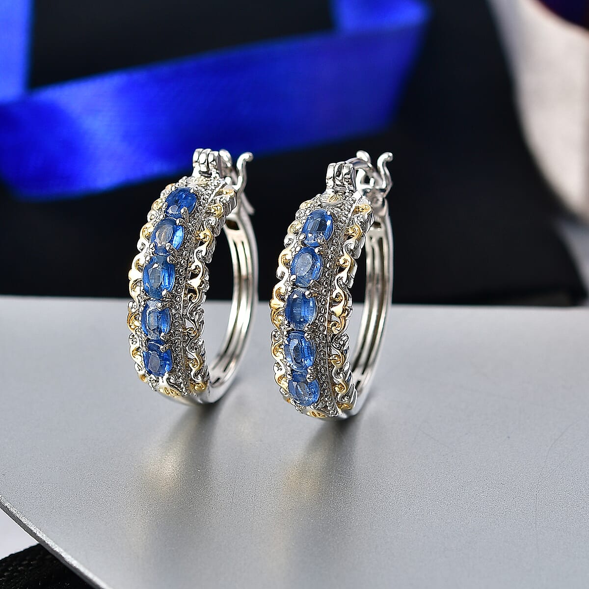 EverTrue Kashmir Kyanite 2.60 ctw Hoop Earrings in 18K Yellow Gold Plated and Platinum Bond image number 1
