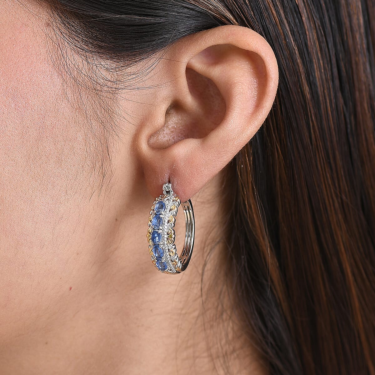 EverTrue Kashmir Kyanite 2.60 ctw Hoop Earrings in 18K Yellow Gold Plated and Platinum Bond image number 2