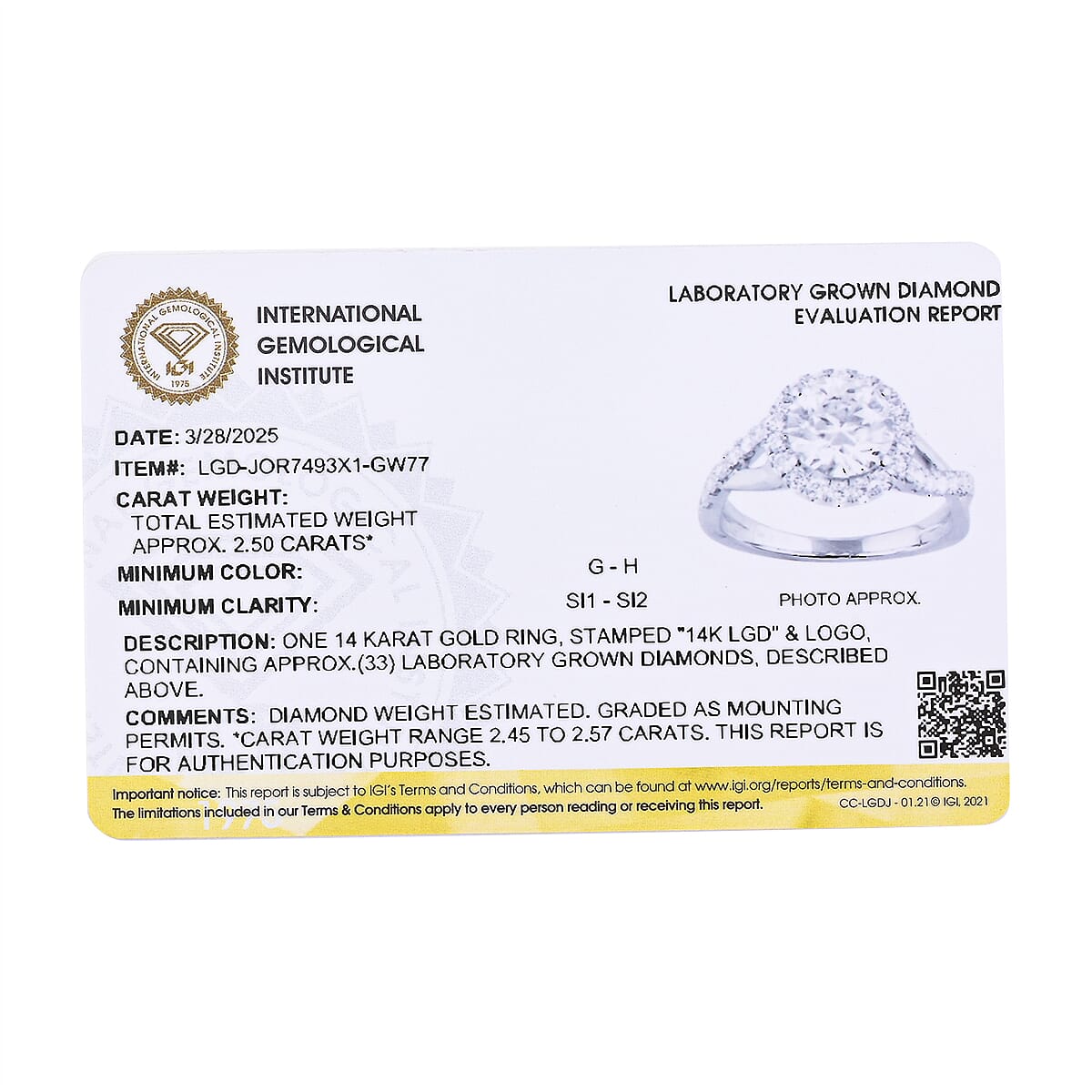 IGI Certified Luxuriant Lab Grown Diamond G VS 2.50 ctw Ring in 14K Yellow Gold (Size 6.0)