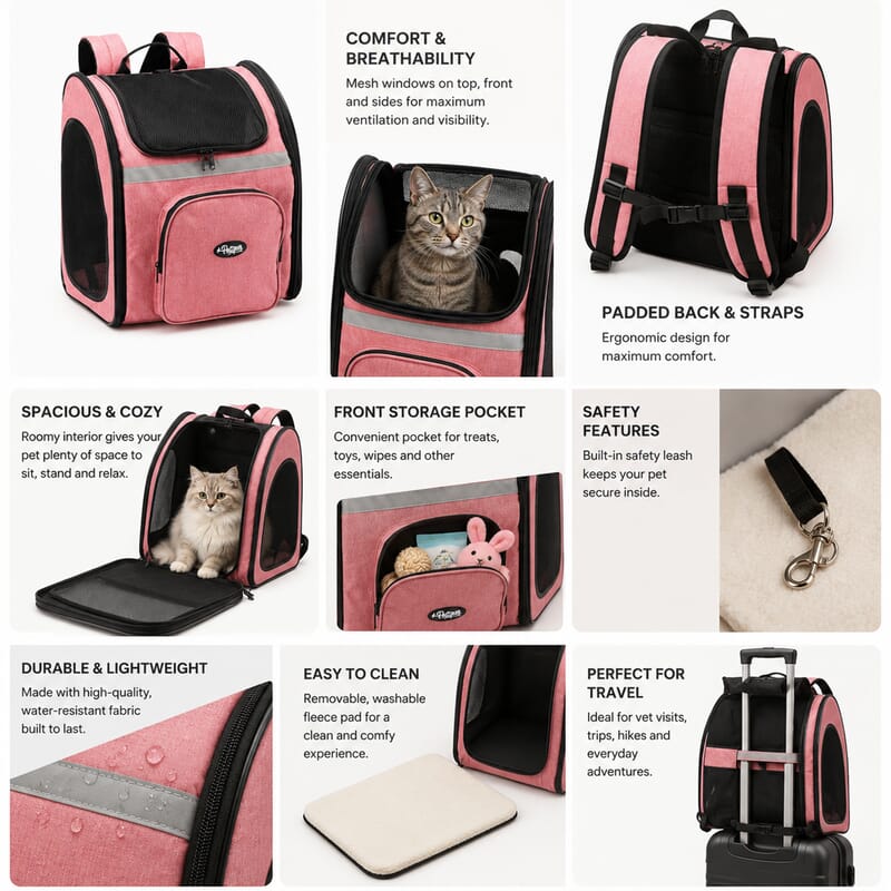 Closeout Petique Pet Carrier Backpack with Reversible and Removable Mat - Coral