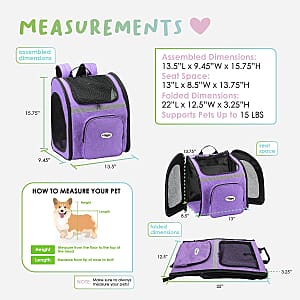 Closeout Petique Pet Carrier Backpack with Reversible and Removable Mat - Purple